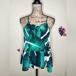 Tropical Palm Leaf Greens & White Print Tank Top Hi Lo Style w Ruffle Hem Sz L